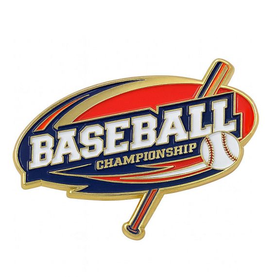 Custom baseball championship pin with bold lettering, bat and ball elements, and a premium gold-plated finish
